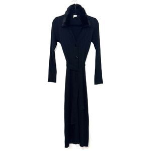 Vintage Y2K 90's XOXO Ribbed Faux Fur Collar Belted Duster Cardigan - Black L